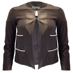 CHANEL BROWN PEARL EMBELLISHED SILK LINED LAMBSKIN LEATHER JACKET